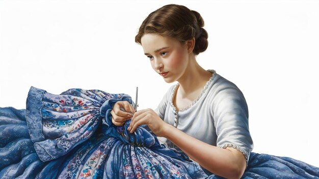 dievča pri šití výšivky